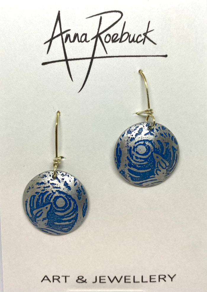 Blue Hare Aluminium Dome Earrings by Anna Roebuck