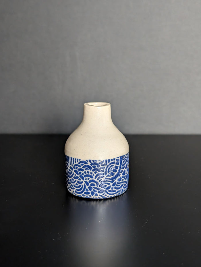 Blue & Cream Dipped Sgraffito Bottle (HHC62) by Hannah Heys