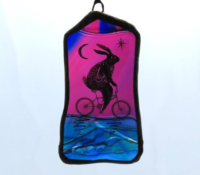 Bunny on a Bike - Stained Glass Hanger by Debra Eden