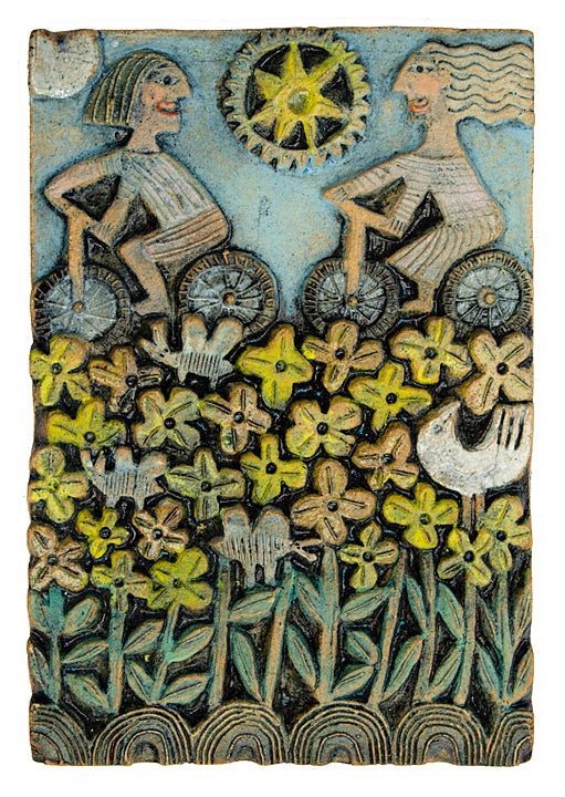 Cycling Along the Yellow Flowers - Ceramic Relief by Hilke MacIntyre