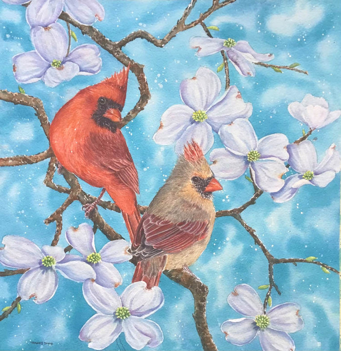 Cardinal Pair and Dogwood - watercolour by Linda Travers Smith