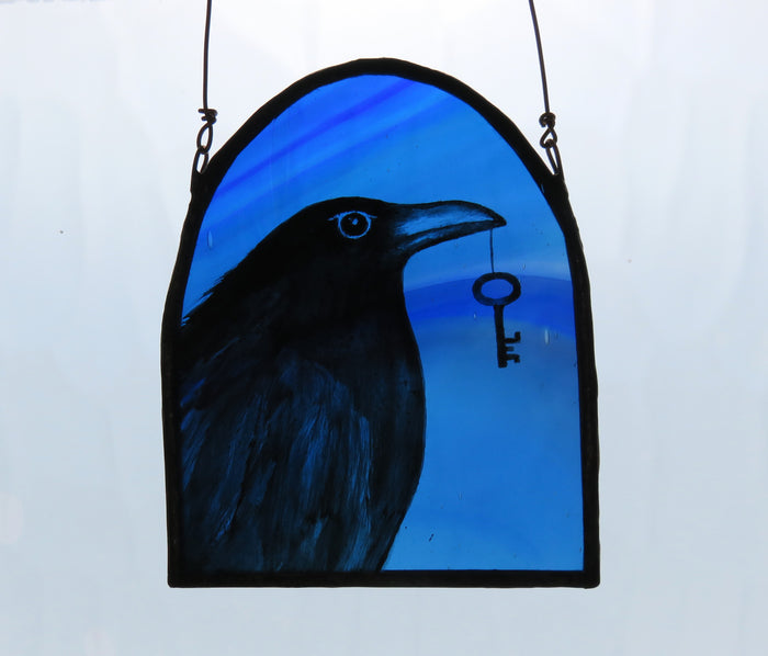 Crow and Key (Blue) - Stained Glass Panel by Debra Eden