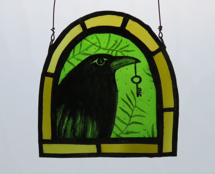 Crow and Key with Leaves - Stained Glass Panel by Debra Eden