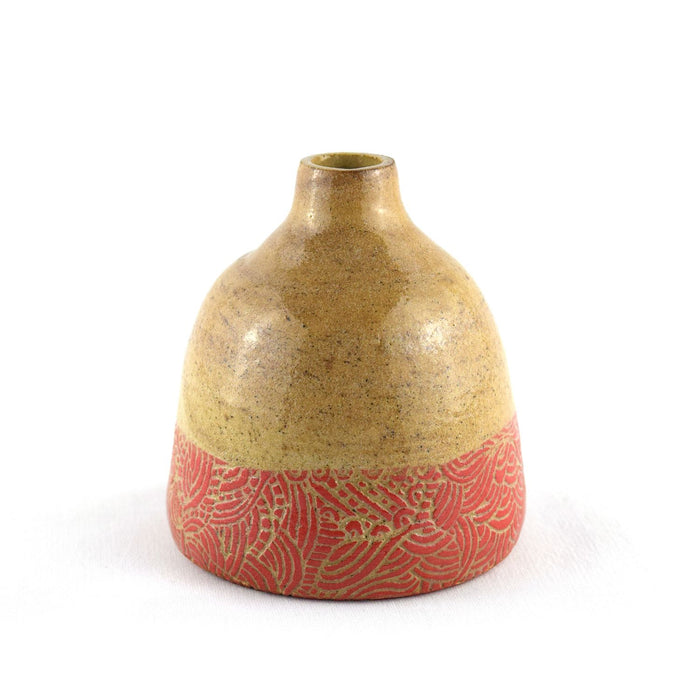 Dipped Bottle Vase with Sgraffito Red Flourish Design On Stone (HHC21) by Hannah Heys