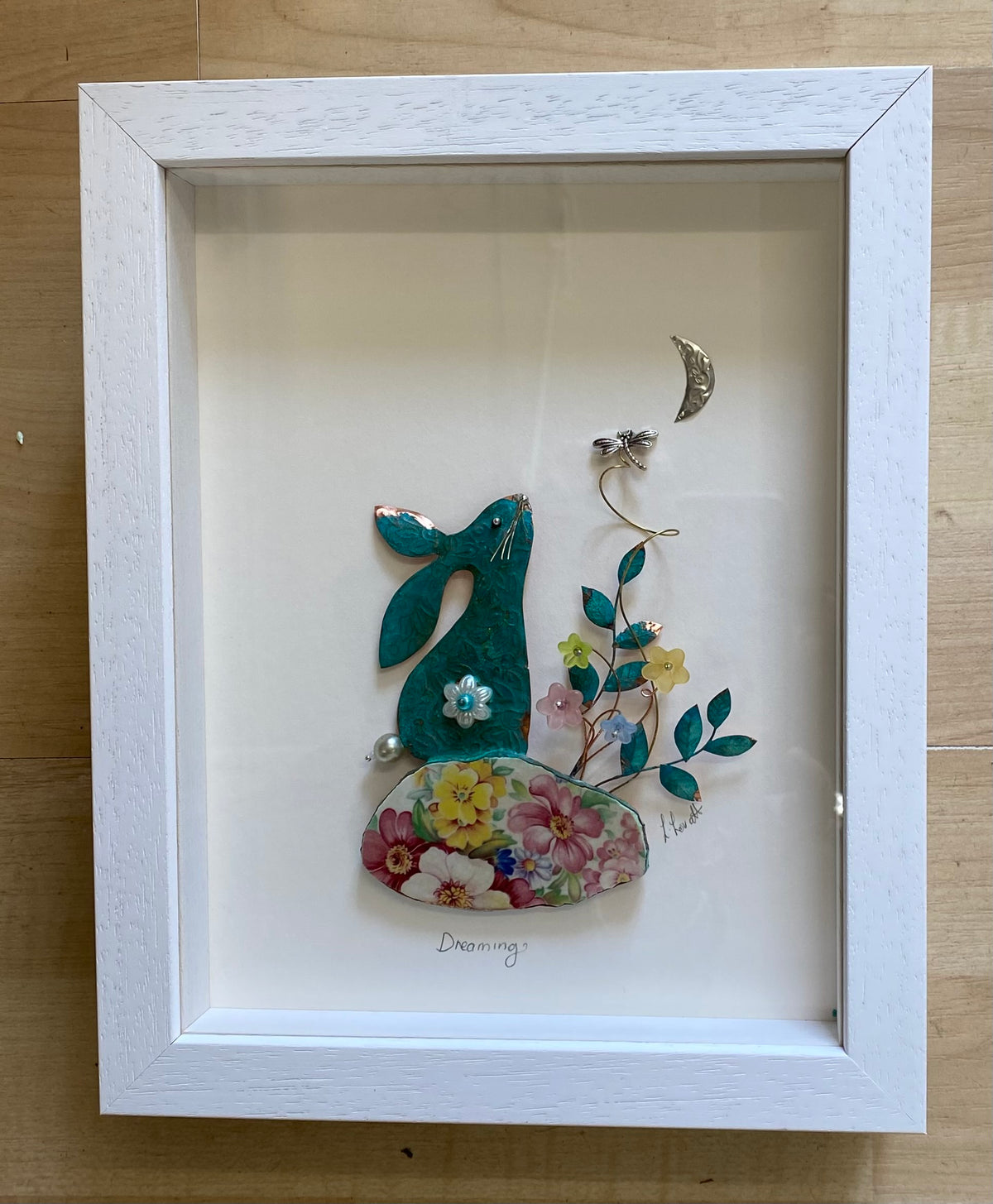 Dreaming Hare Framed Assemblage Sculpture in Mixed Media by Linda Lovatt