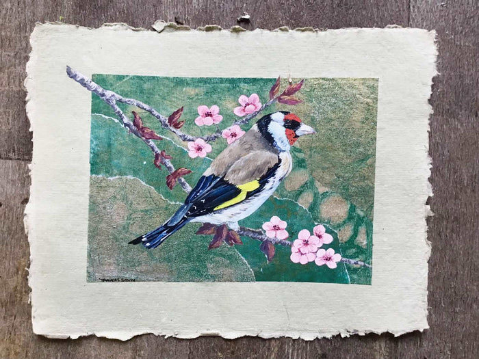 Goldfinch - mixed media collage by Linda Travers Smith