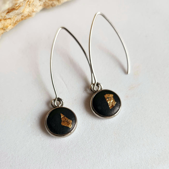 Concrete Dangle Earrings in Black with Gold Leaf by Heidi Fenn 