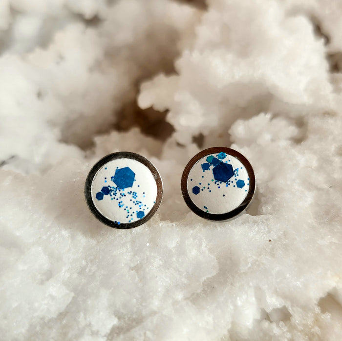 Round Concrete Stud Earrings in White with Blue Glitter by Heidi Fenn 