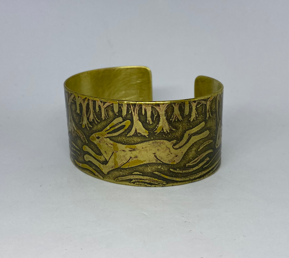 Beautiful brass cuff with Hare design - hand etched by Anna Roebuck from her original illustration.