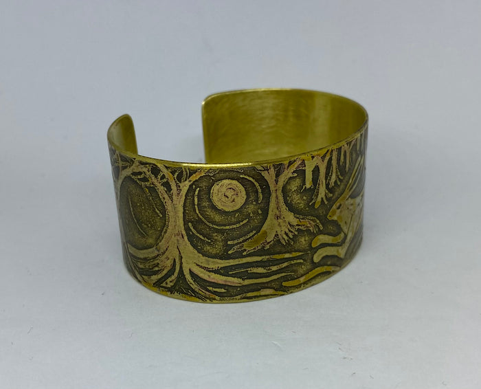 Beautiful brass cuff with Hare design - hand etched by Anna Roebuck from her original illustration.