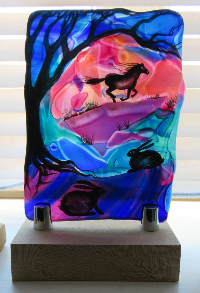 Horse and Hares - Stained Glass Panel by Debra Eden