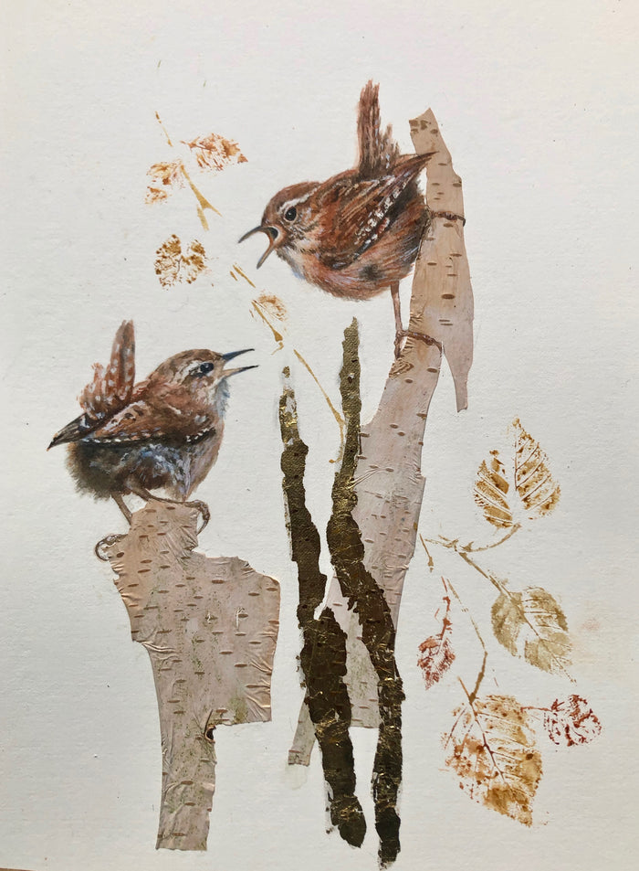 Wrens on Silver Birch Bark - by Sally Leggatt