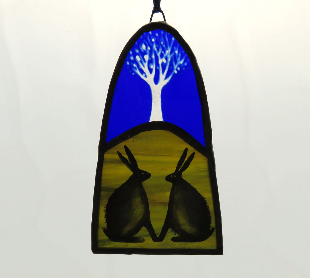 Love Hares with Blue Tree - Stained Glass Panel by Debra Eden