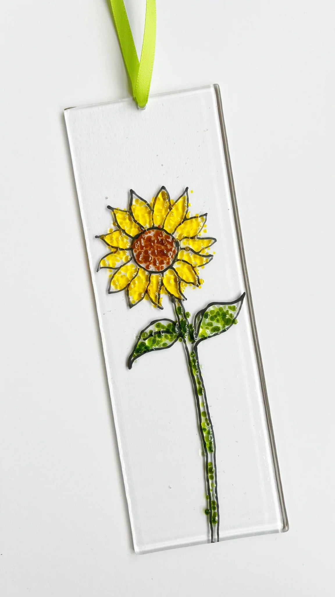 Hanging Fused Glass panel depicting a Sunflower by Marc Peters