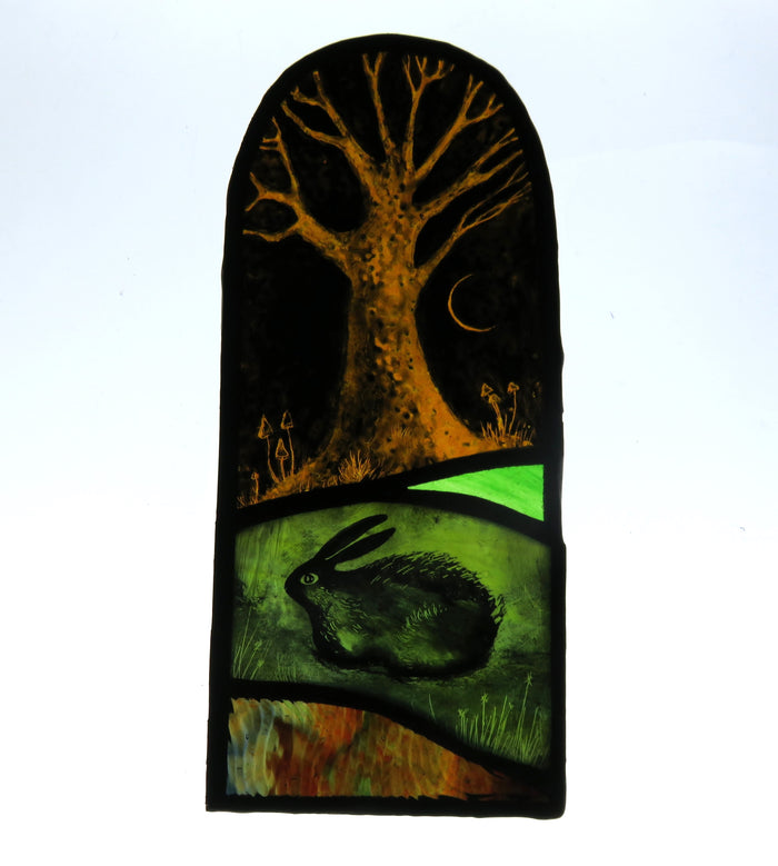 Midnight Tree in Amber - stained glass panel by Debra Eden