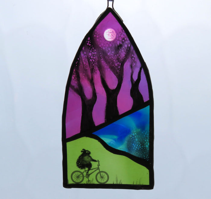 Mouse on a Bike - Stained Glass Hanger by Debra Eden