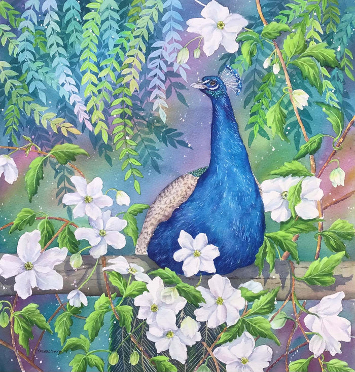 Peacock and Clematis - watercolour by Linda Travers Smith