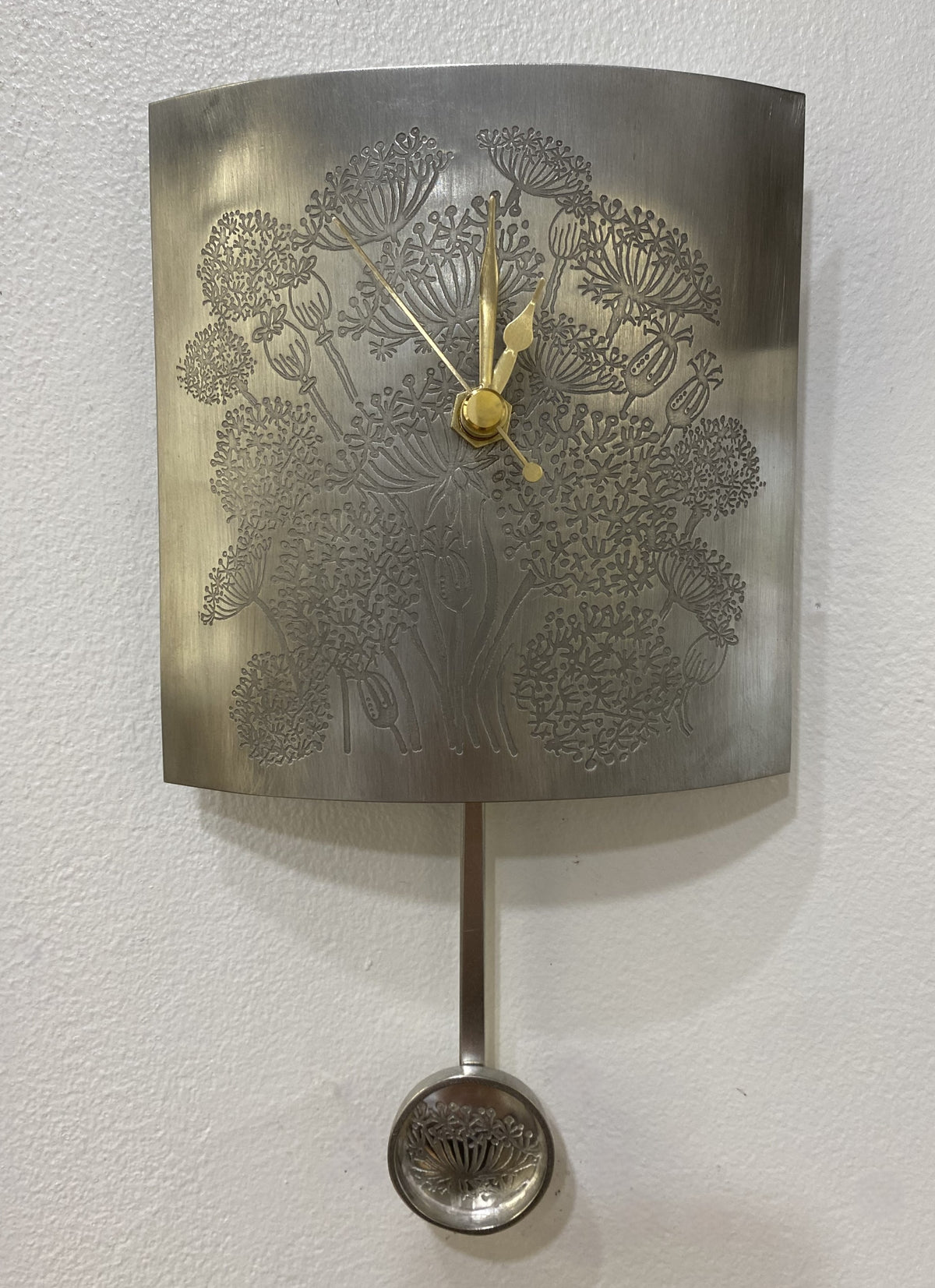 Square Meadow Allium Pewter Wall Clock with Pendulum by Quirky Metals