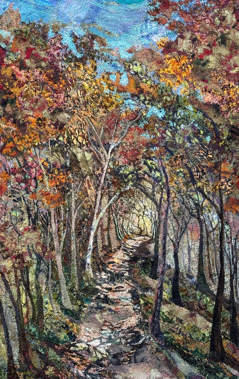 Turning Leaves - textile art by Rachel Wright - autumnal woodland scene created using free machine embroidery