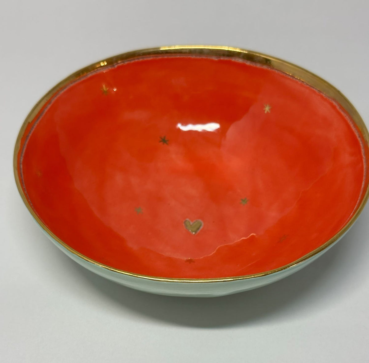 Small Pale Green and Orange-Red Bowl with Gold Detailing by Sophie Smith (SS82)