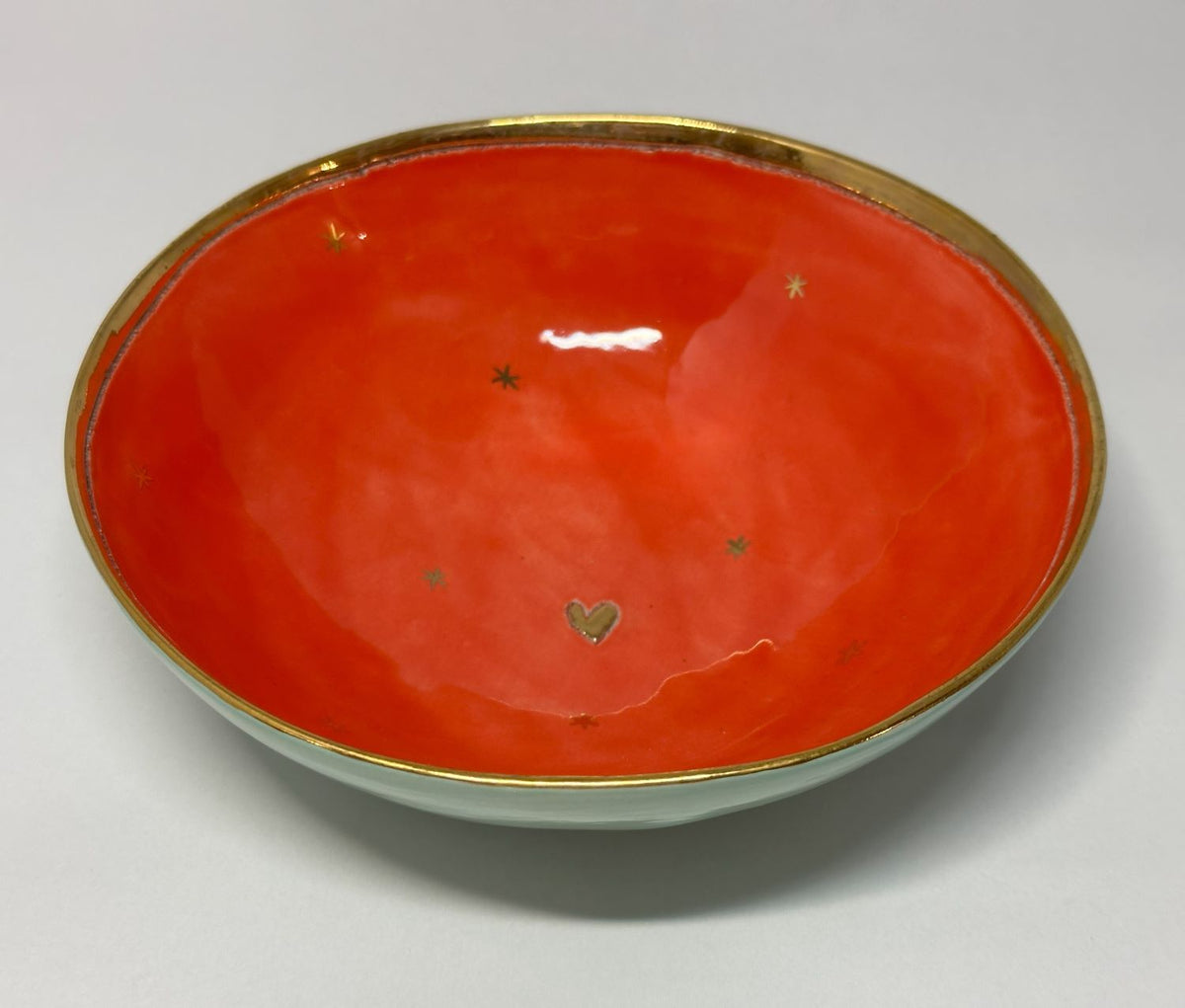 Small Pale Green and Red Bowl with Gold Detailing by Sophie Smith (SS82)