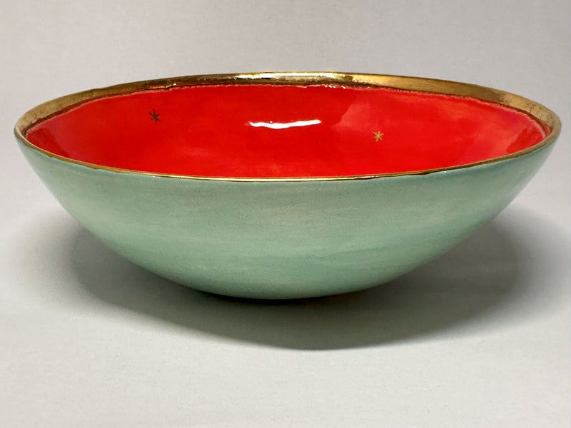 Small Pale Green and Orange-Red Bowl with Gold Detailing by Sophie Smith (SS82)