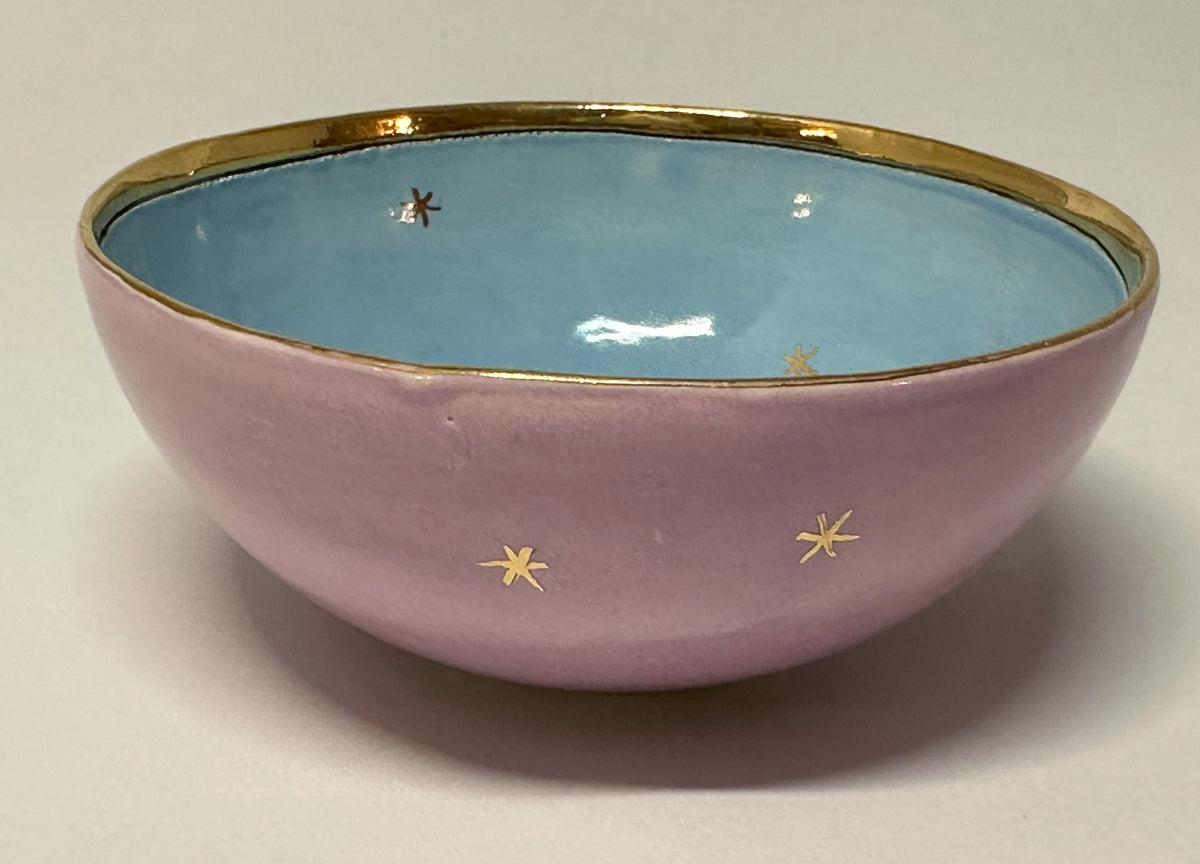 Small Pastel Blue and Lilac Bowl with Gold Detailing by Sophie Smith