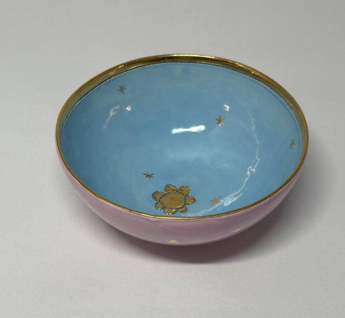 Small Pastel Blue and Lilac Bowl with Gold Detailing by Sophie Smith