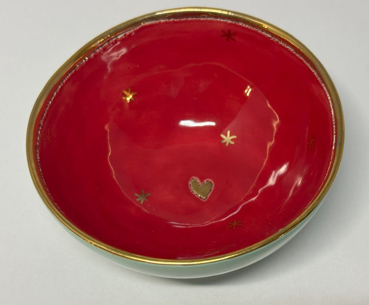 Small Pale Green and Red Bowl with Gold Detailing by Sophie Smith (SS93)