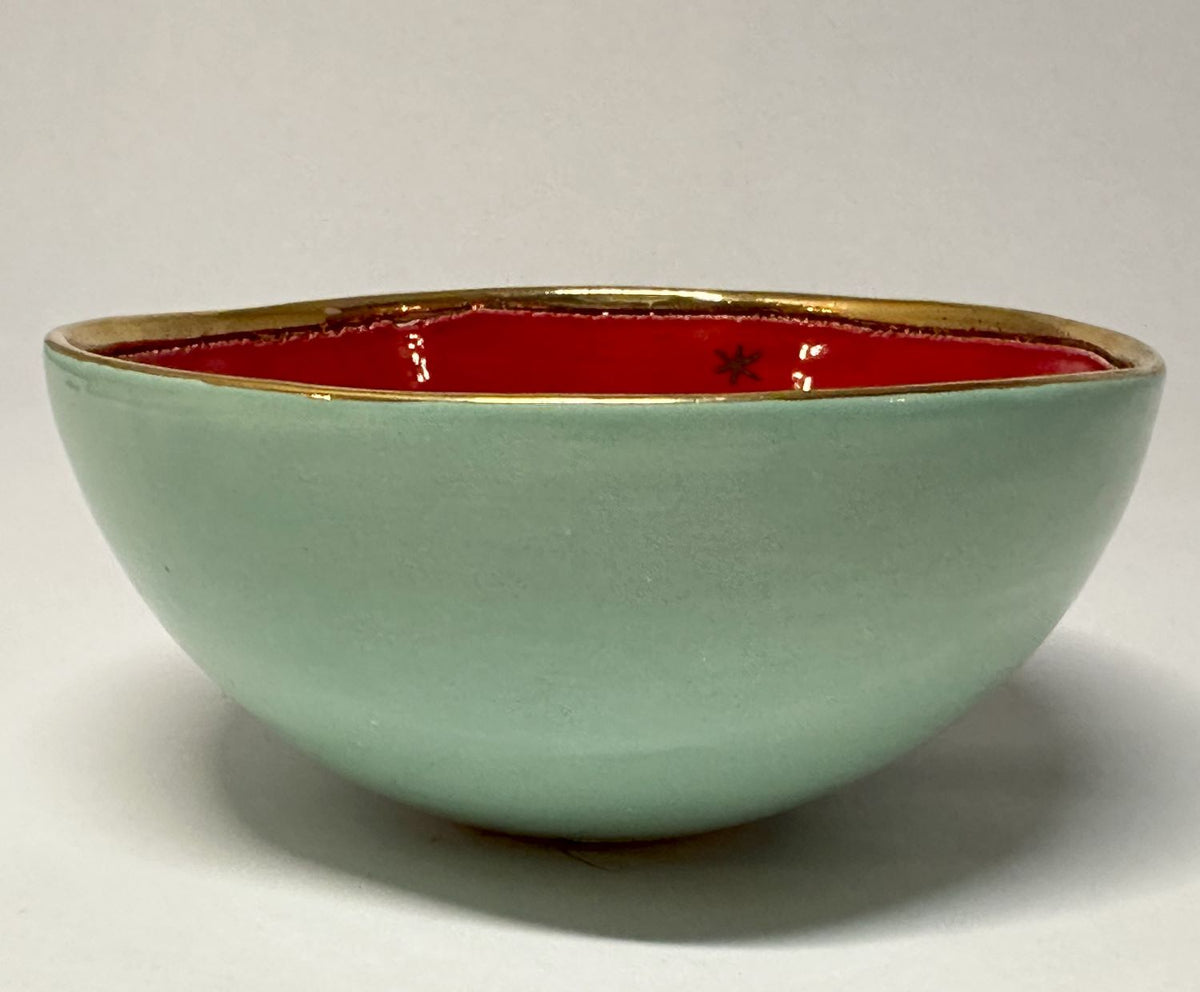 Small Pale Green and Red Bowl with Gold Detailing by Sophie Smith (SS93)