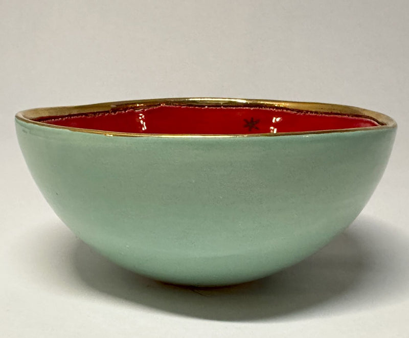 Small Pale Green and Red Bowl with Gold Detailing by Sophie Smith (SS93)