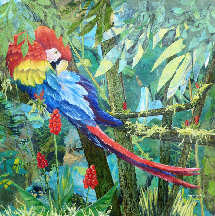 Scarlet Macaw in Corcovado - mixed media collage by Linda Travers Smith