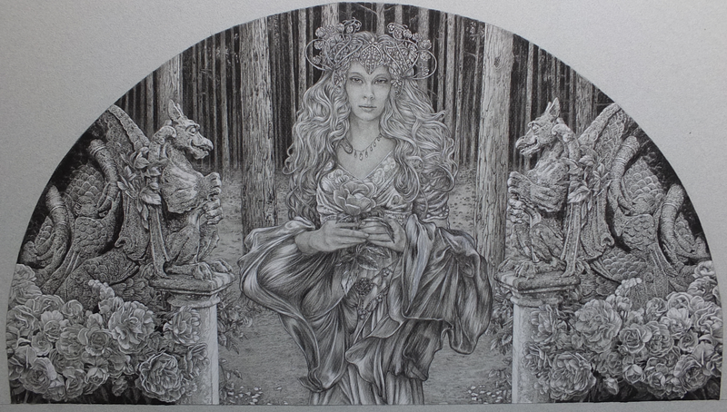 Simult in the Twilight Garden - Original Pencil Drawing by Ed Org