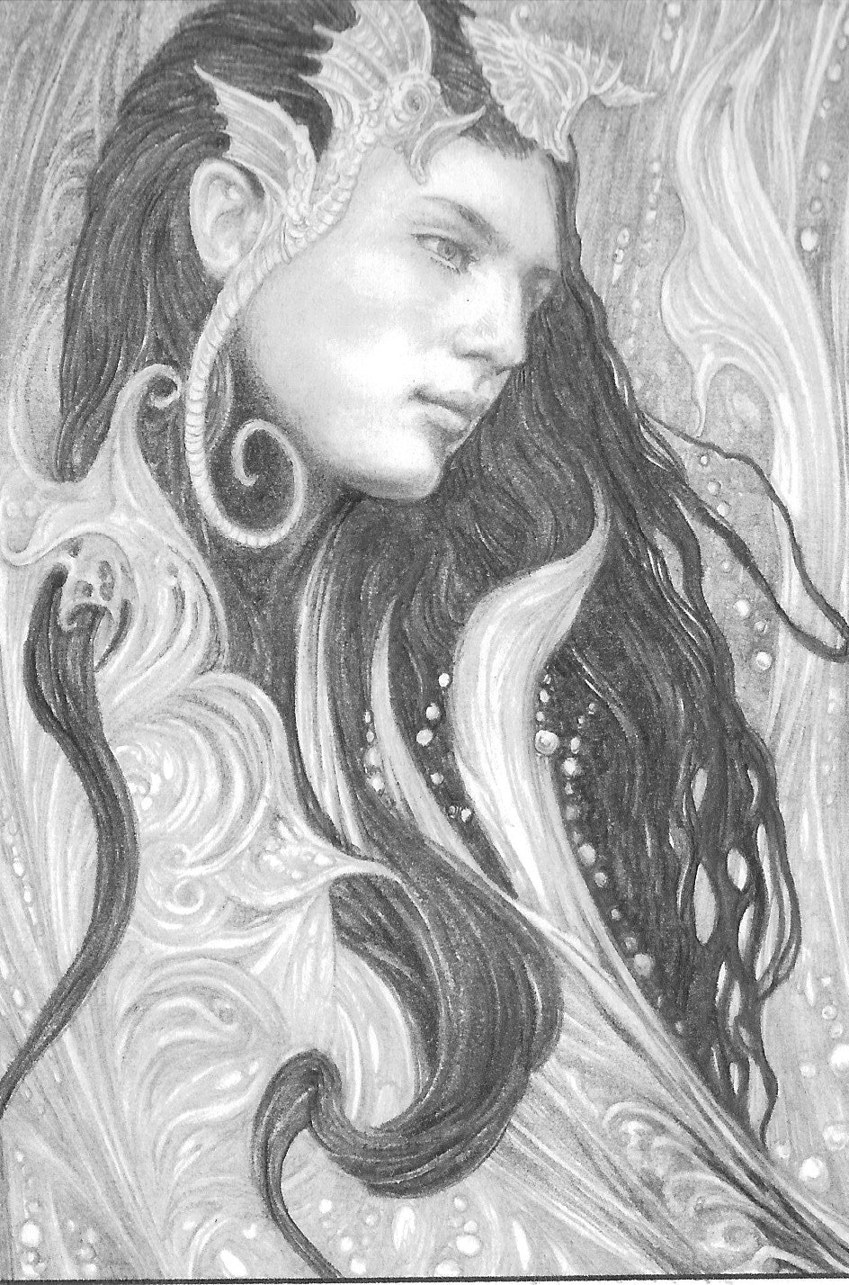 Sirena, Spanish Mermaid - Original Pencil Drawing by Ed Org