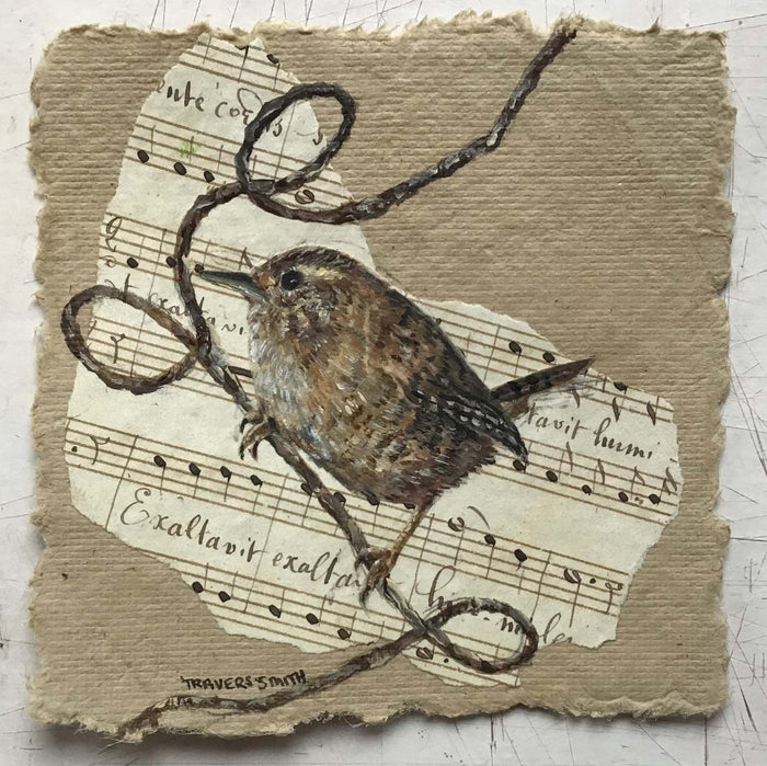 Jenny Wren on Raffia - mixed media collage by Linda Travers Smith