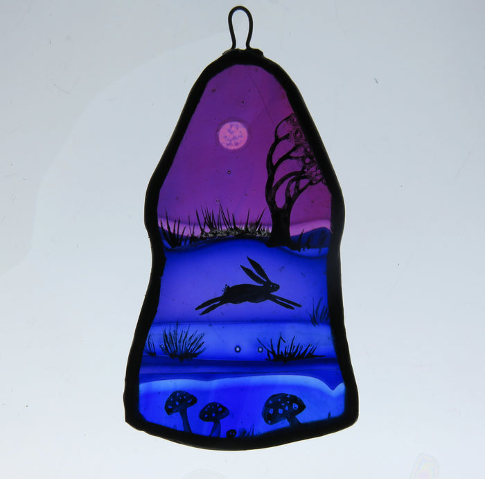 Blue/Purple Hare Moon - stained glass panel by Debra Eden