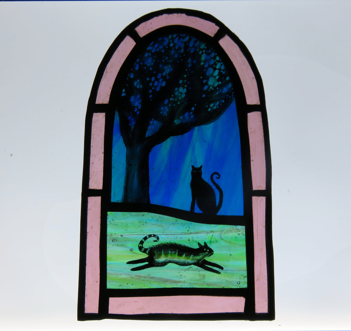 Cats Under a Tree - stained glass panel by Debra Eden