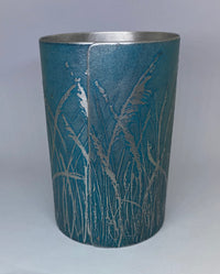 Beautiful teal aluminium vessel - hand etched by Anna Roebuck from her original wild grasses illustration. 