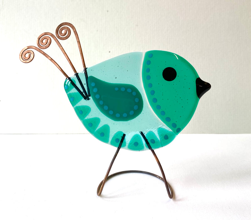 Standing Fused Glass Bird Decoration in Green by Sally Moore