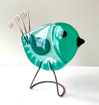 Standing Fused Glass Bird Decoration in Green by Sally Moore