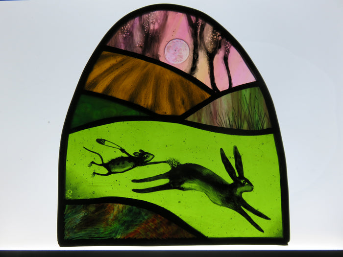 Hare and Mouse Trip - stained glass panel by Debra Eden