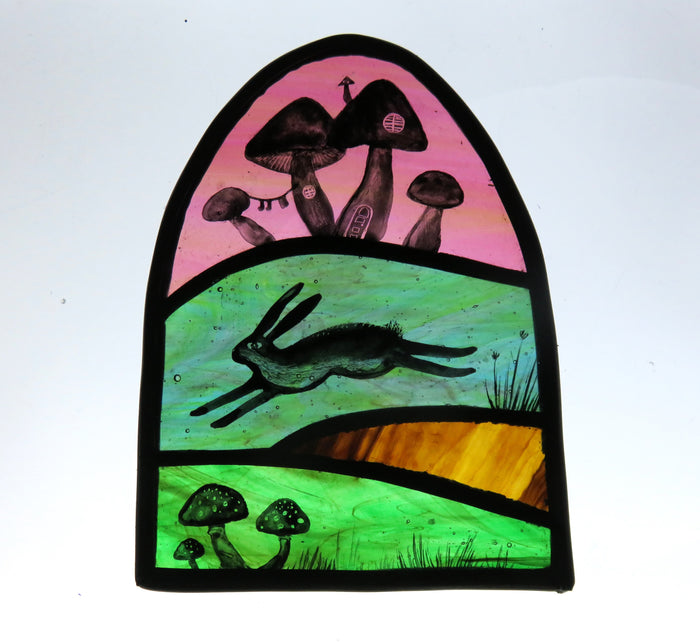 Mushroom Houses - stained glass by Debra Eden