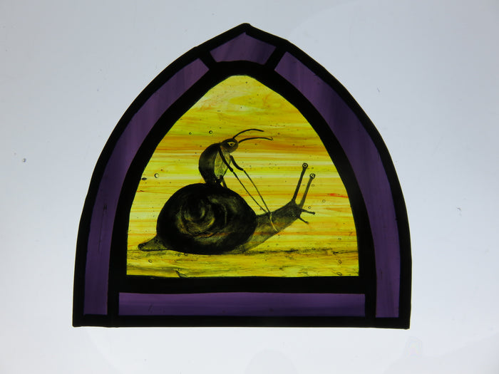 Snail and Beetle Ride - stained glass panel by Debra Eden