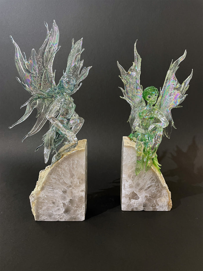 Pair of Glass Fairy Bookends on Quartz by Sandra Young