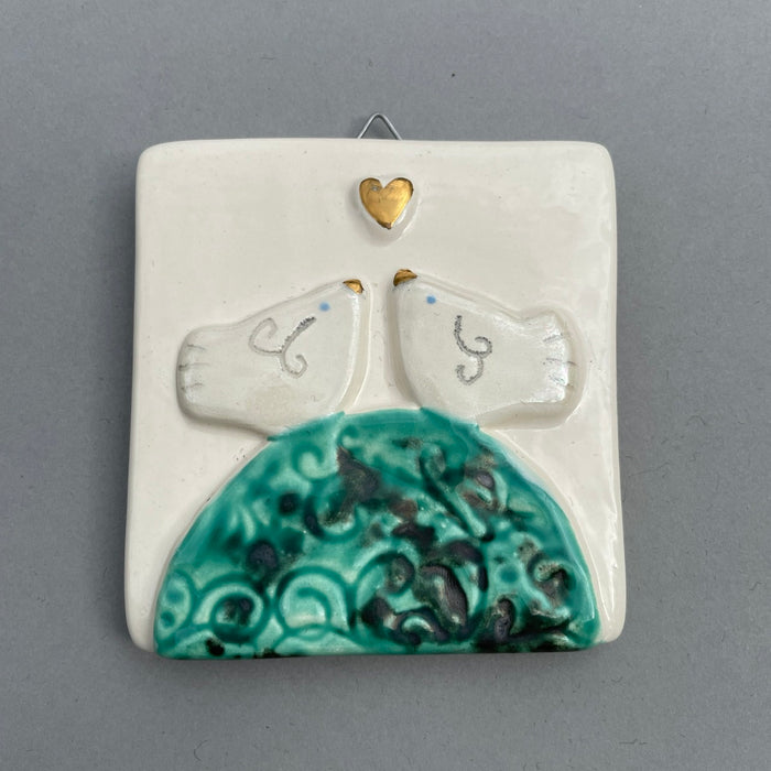 Two birds and gold heart hanging tile by Sophie Smith