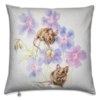 Wood Mice on Blue Cranesbill Flowers Cushion by Sally Leggatt