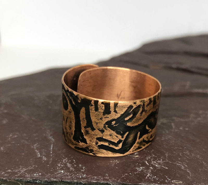 Hare Design Ring in Etched Copper by Anna Roebuck