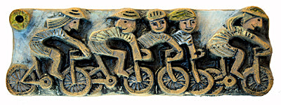 5 Cyclists - ceramic relief by Hilke MacIntyre