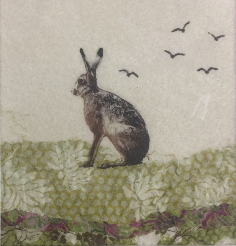 Sitting Hare & Birds - textile art by Lindsey Tyson