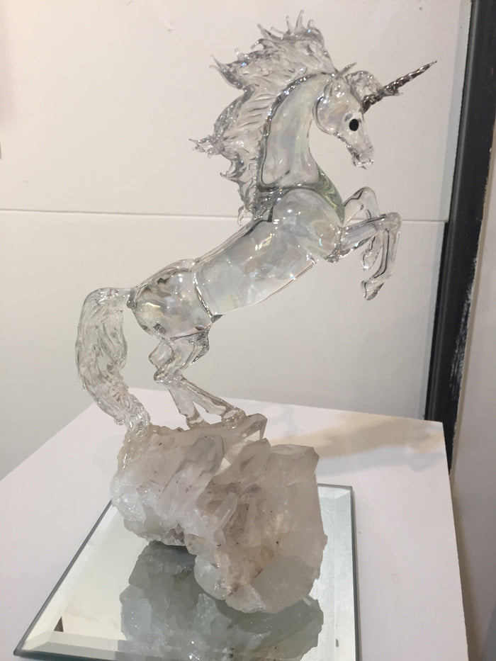 Unicorn on Quartz - Glass Sculpture by Sandra Young